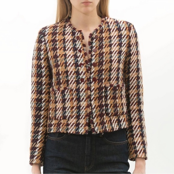 Sandro Tweed Wool-Blend Cropped Houndstooth Marianne Jacket - Picture 3 of 9